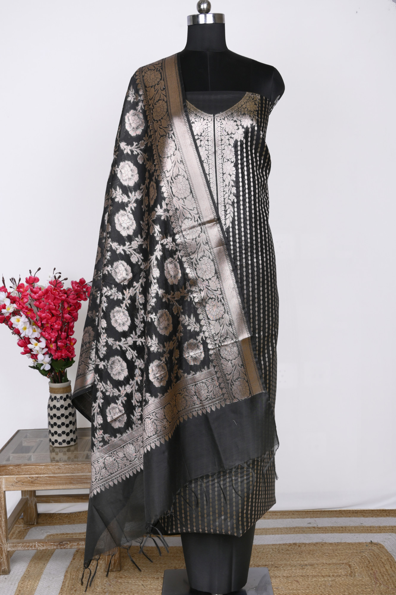 Black Chanderi Silk Unstitch Suit Set with Dupatta - 1021-NMRNCK-1E