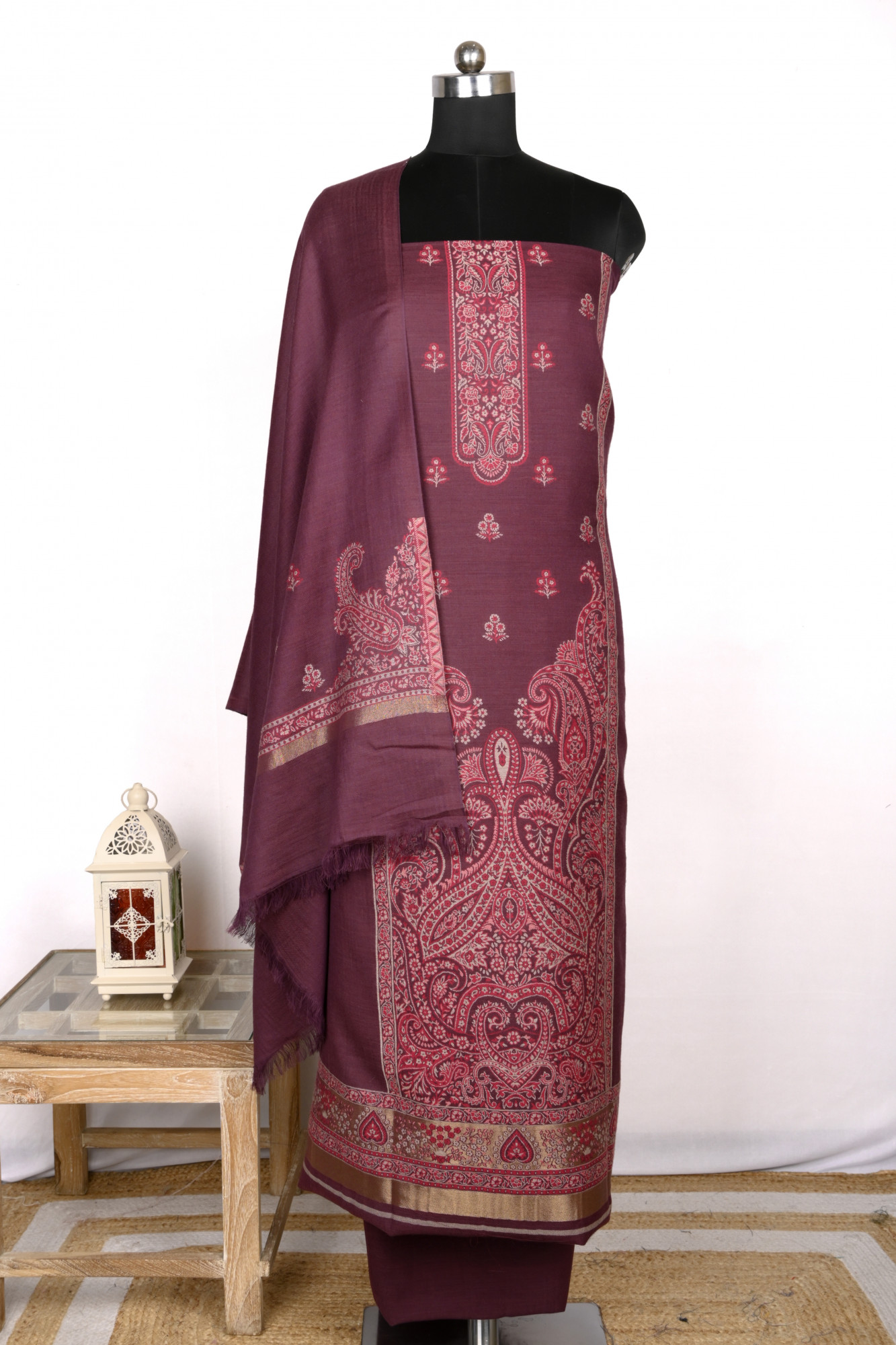 Wine Pashmina Weaving Suit Set with Beautiful Pashmina Dupatta - PASH1402C