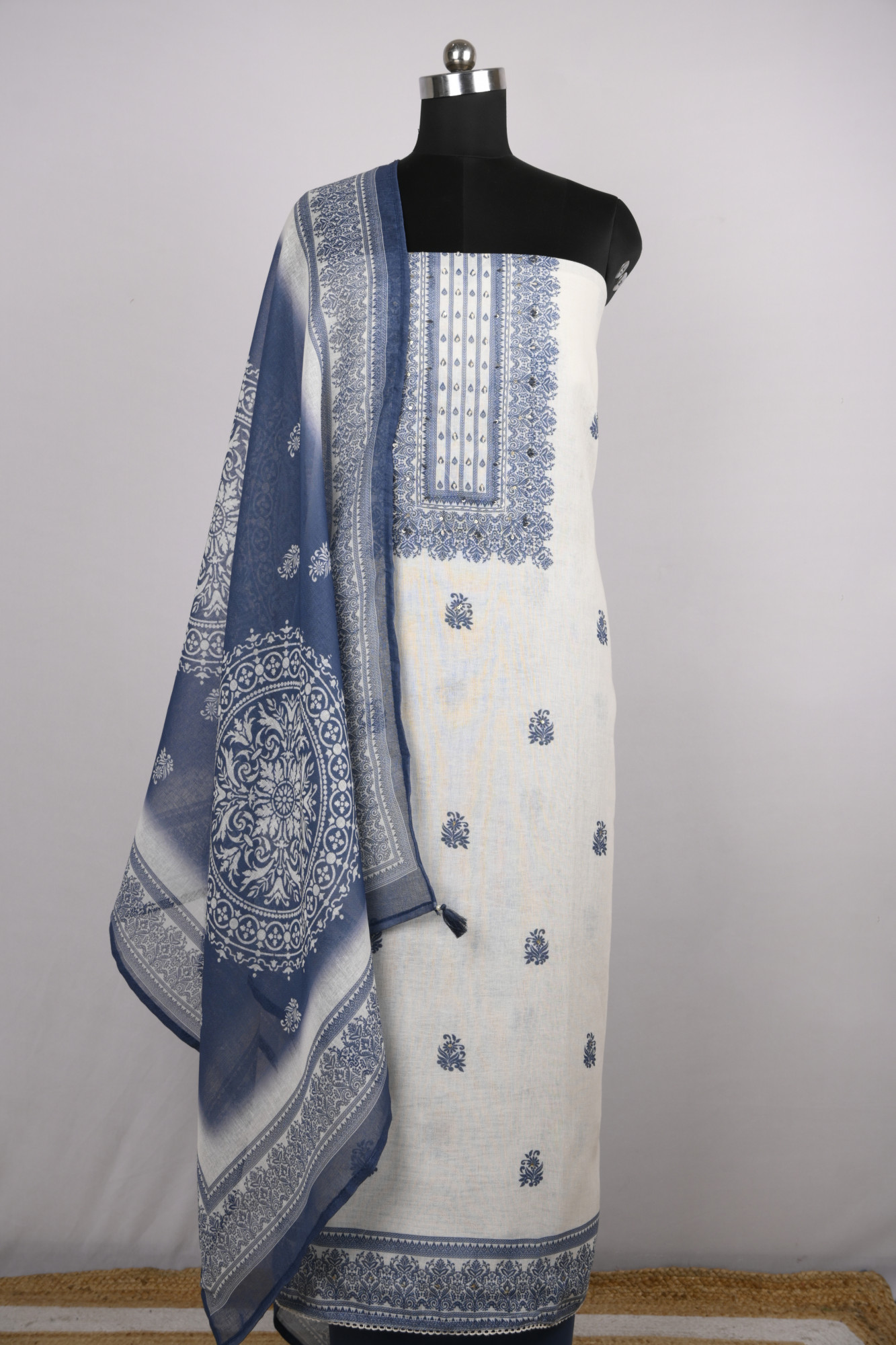 Blue Cotton Suit Set with Beautiful Dupatta - 1020-4959A