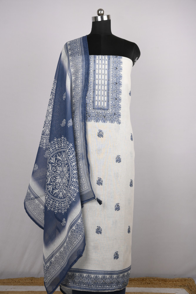 Image of Blue Cotton Suit Set with Beautiful Dupatta - 1020-4959A