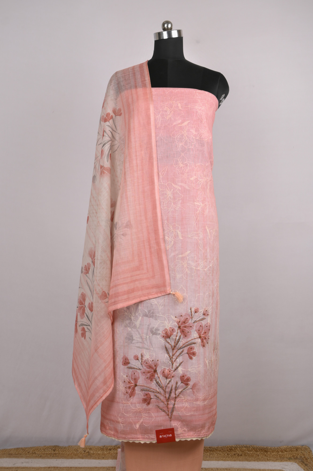 Peach Cotton Suit Set with Beautiful Dupatta - 1020-4955C