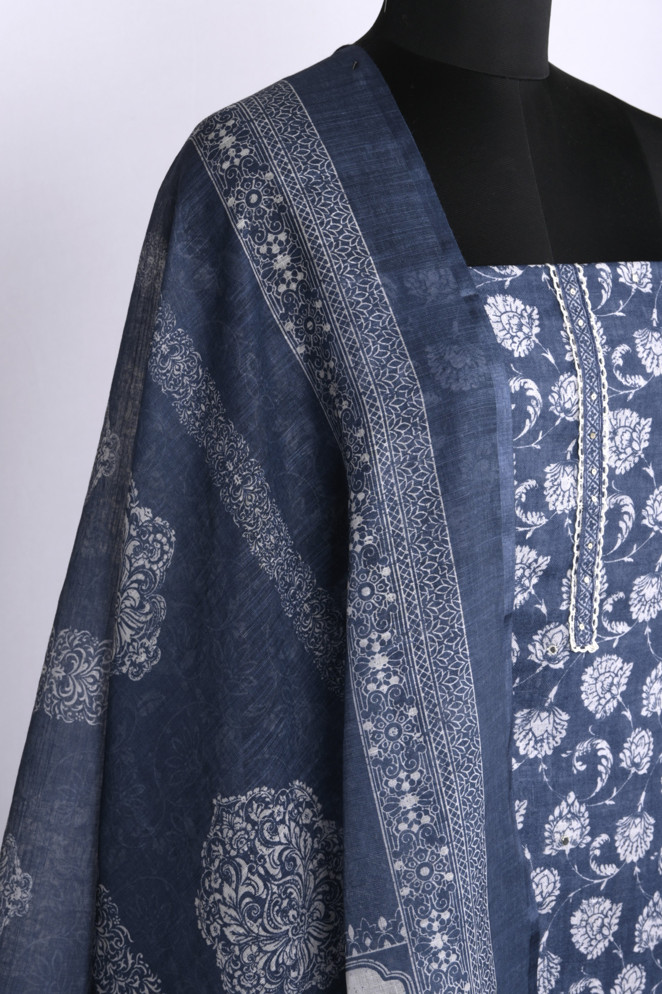 Blue Cotton Suit Set with Beautiful Dupatta - 1020-4952-3A