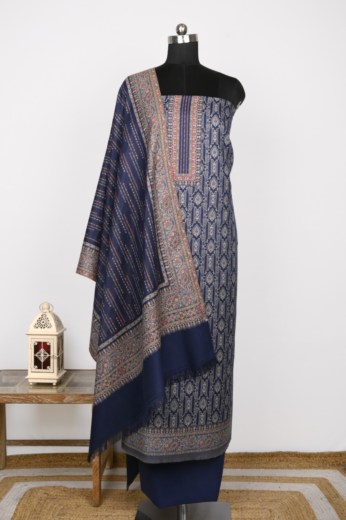 Blue Printed Pashmina Suit Set With Dupatta - 1000-0487A