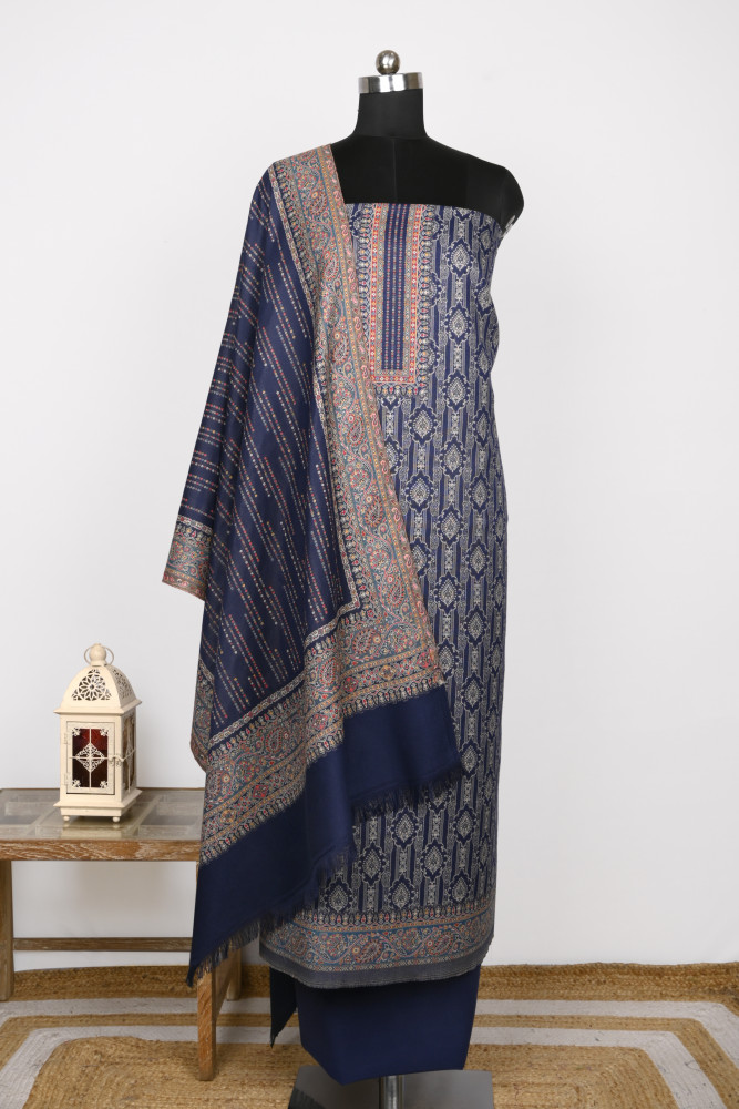 Image of Blue Printed Pashmina Suit Set With Dupatta - 1000-0487A
