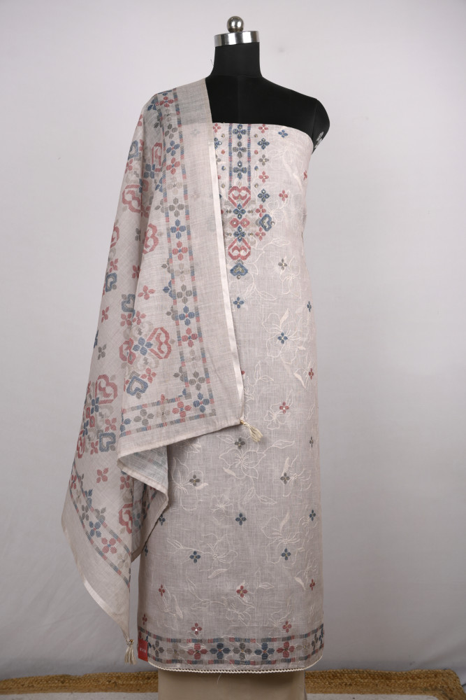 Image of Beige Cotton Suit Set with Beautiful Dupatta - 1020-4930-2A
