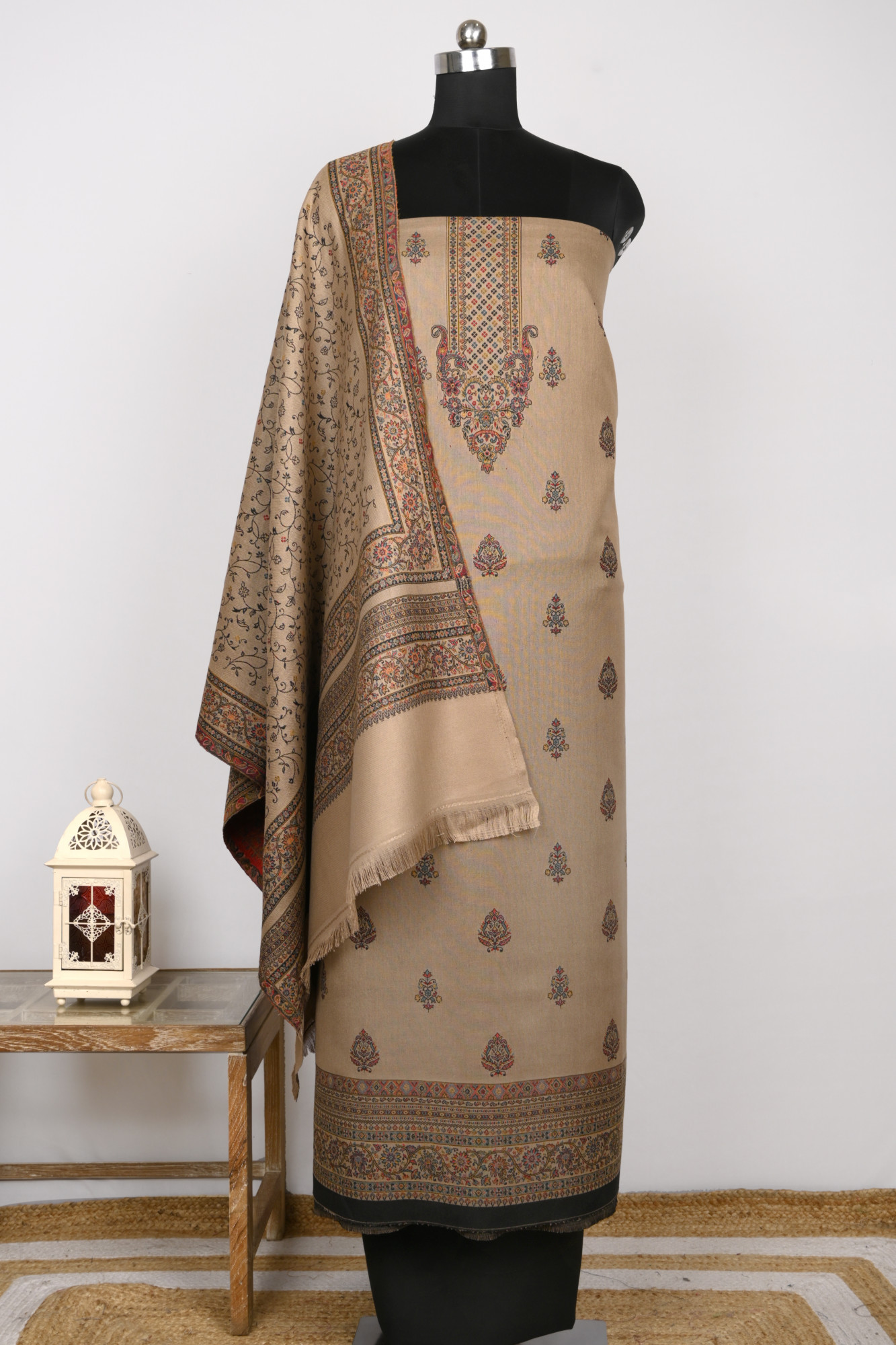 Black Printed Pashmina Suit Set With Dupatta - 1000-0486
