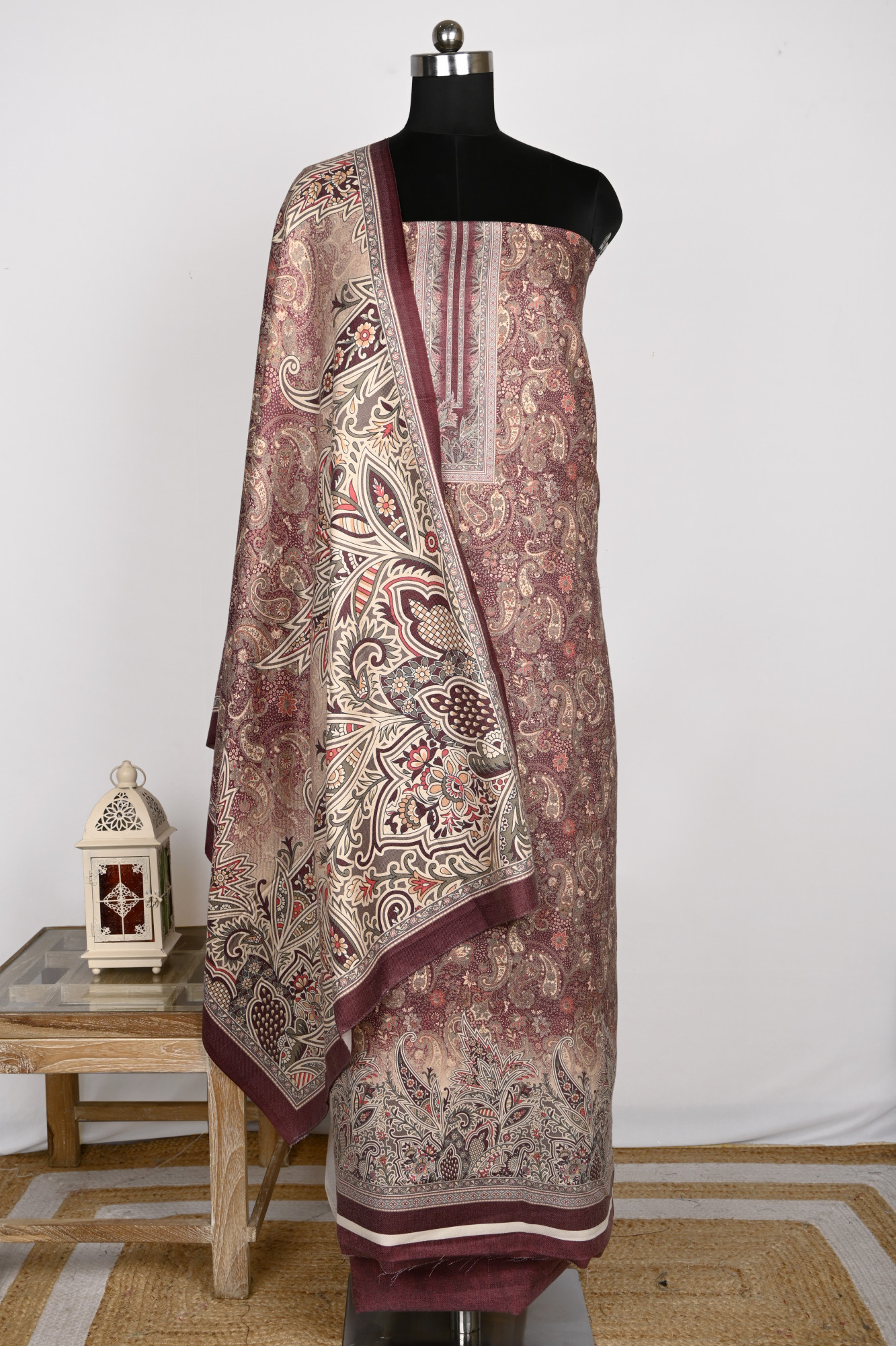 Wine Spun Printed Suit Set with Spun Dupatta - 1000-70341C