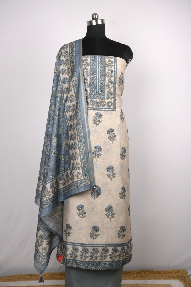 Image of Blue Cotton Suit Set with Beautiful Dupatta - 1020-4895