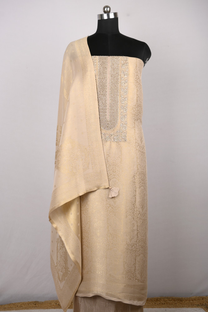 Image of Golden Silk Jacquard Suit Set with Beautiful Dupatta - R157-SPR2387A