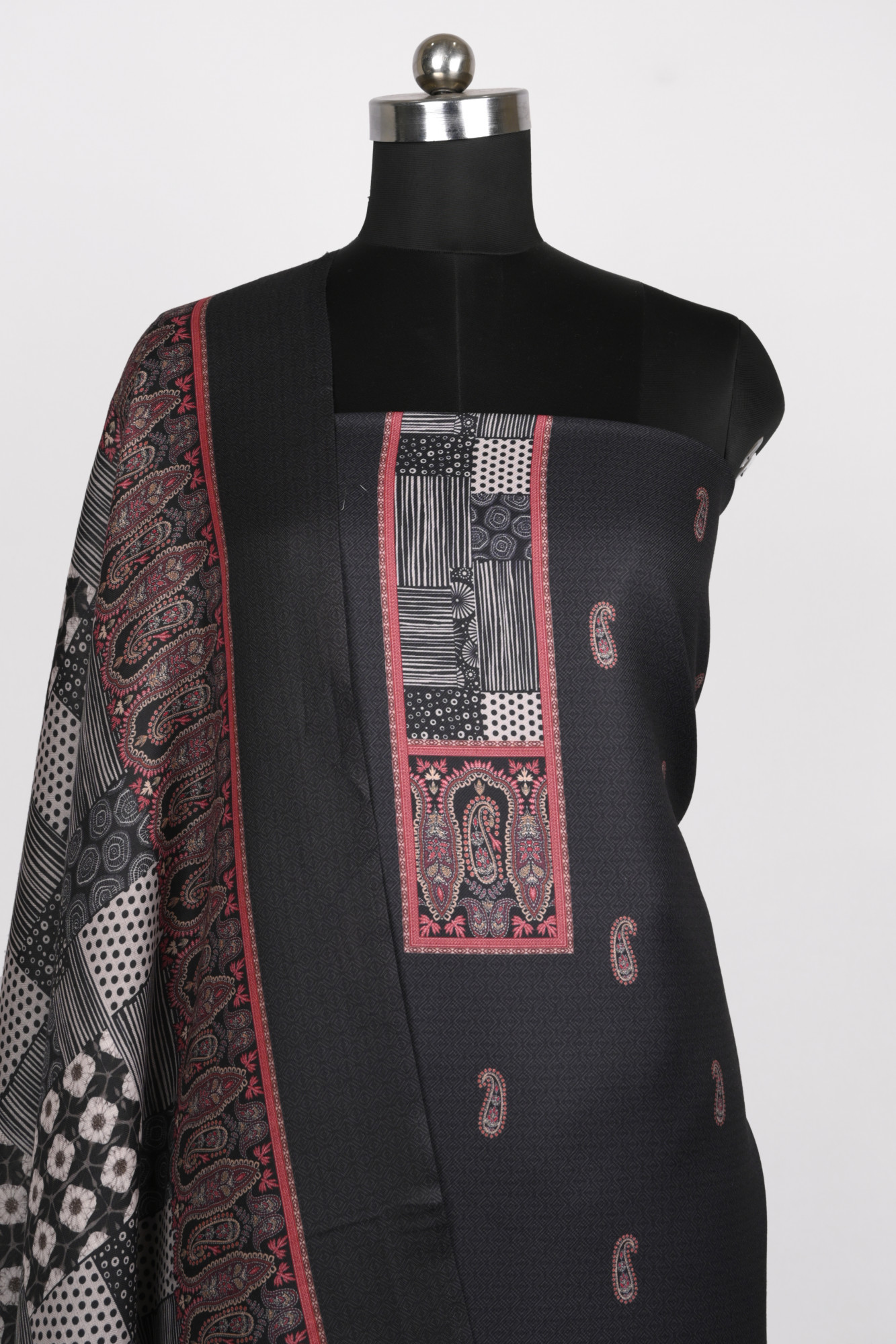 Black Printed Spun Suit Set With Dupatta - 131-1815A