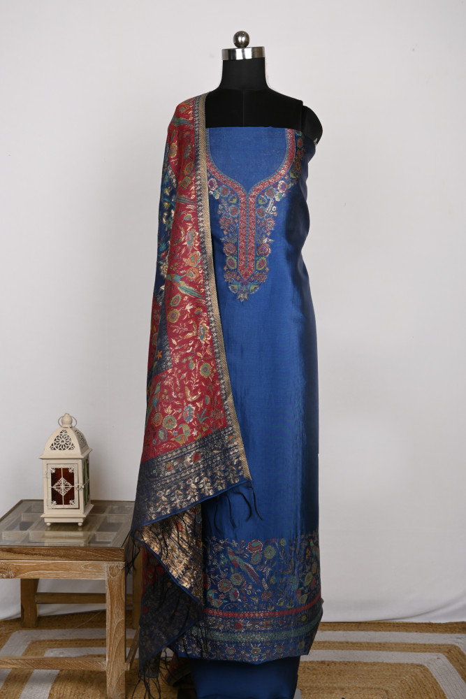 Image of Blue Silk Suit Set with Beautiful  Dupatta - WEPSH101