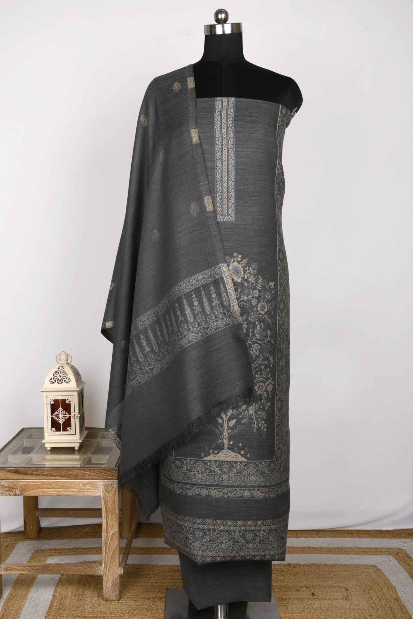 Grey Pure Pashmina Suit Set with Pashmina Dupatta - PASH1401A