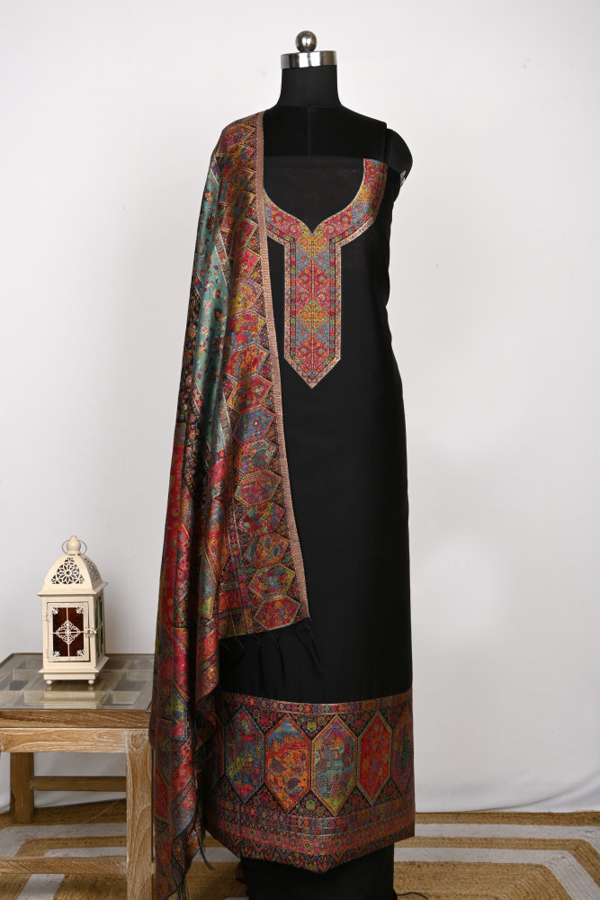 Image of Black Silk Suit Set with Pashmina Dupatta - WEPSH102A