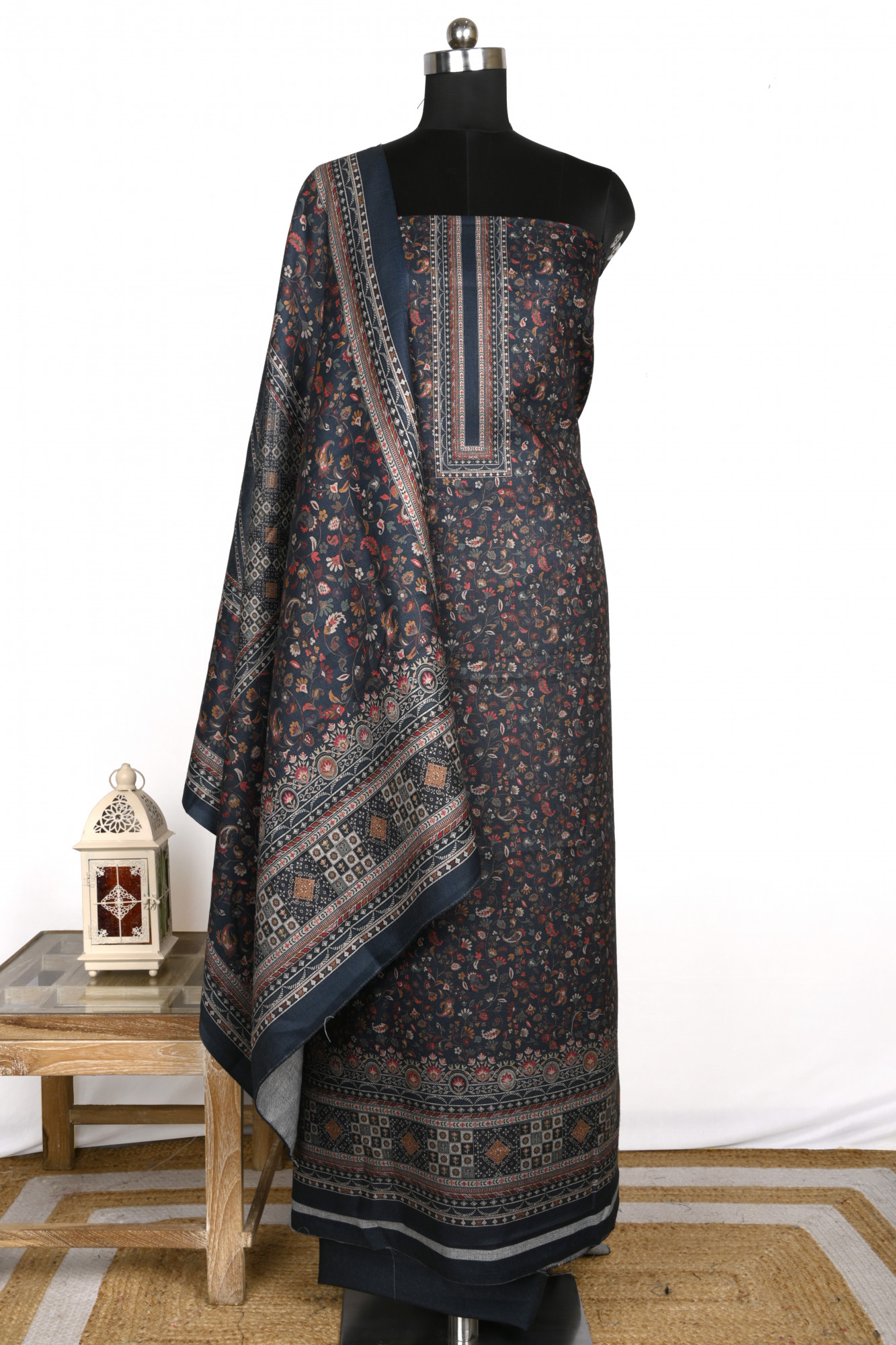 Blue Spun Printed Suit Set with Spun Dupatta - 1000-70372A