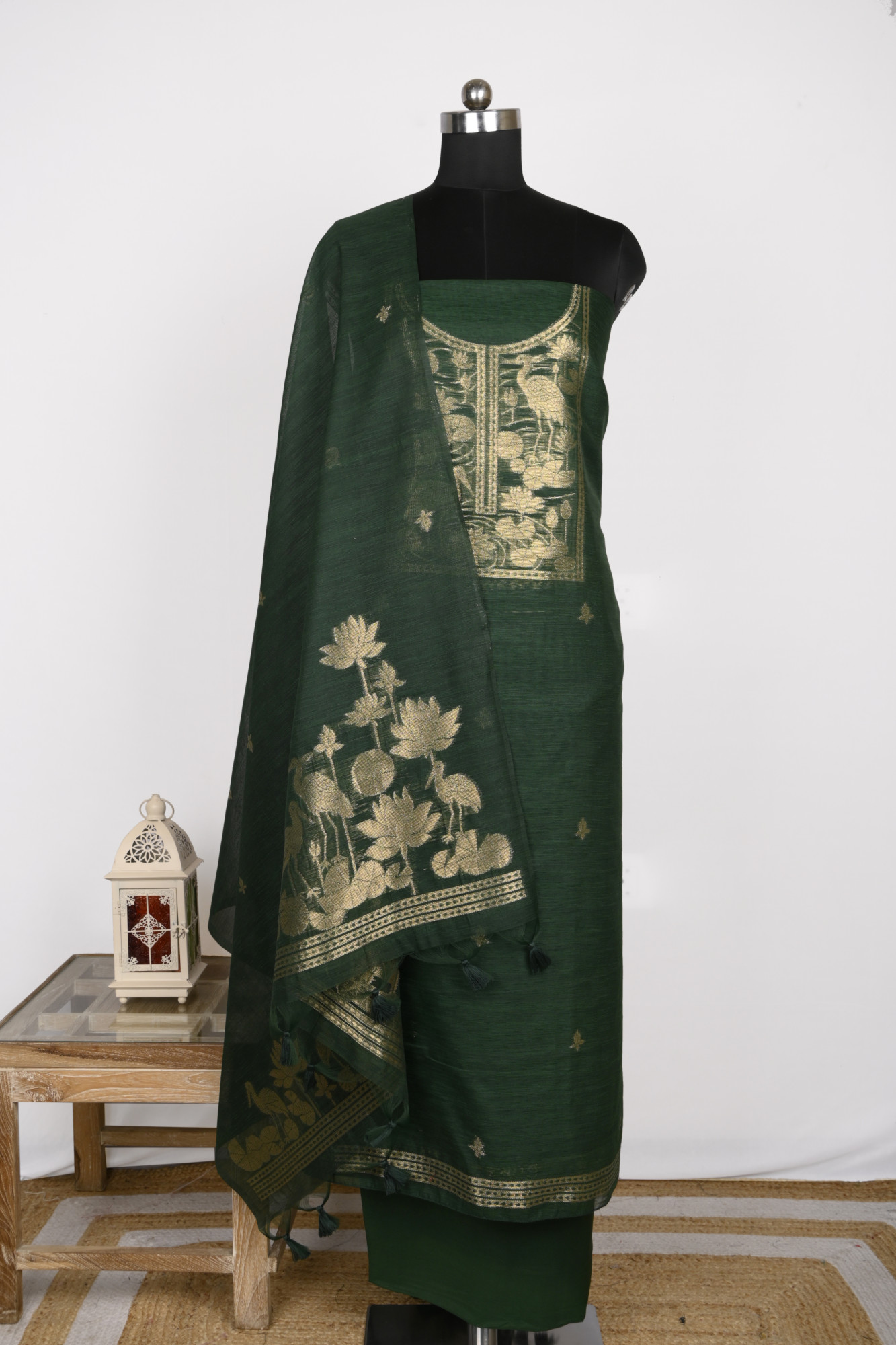 Green Chanderi Silk Suit Set With Zari Weaving - 811-ACVD16
