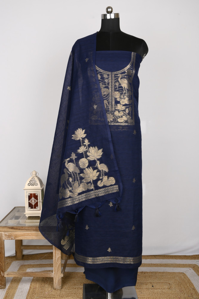 Image of Blue Chanderi Silk Suit Set With Zari Weaving - 811-ACVD16A