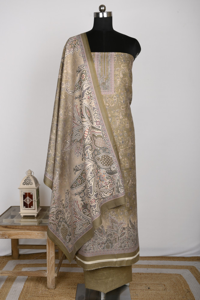 Image of Green Spun Printed Suit Set with Spun Dupatta - 1000-70341A