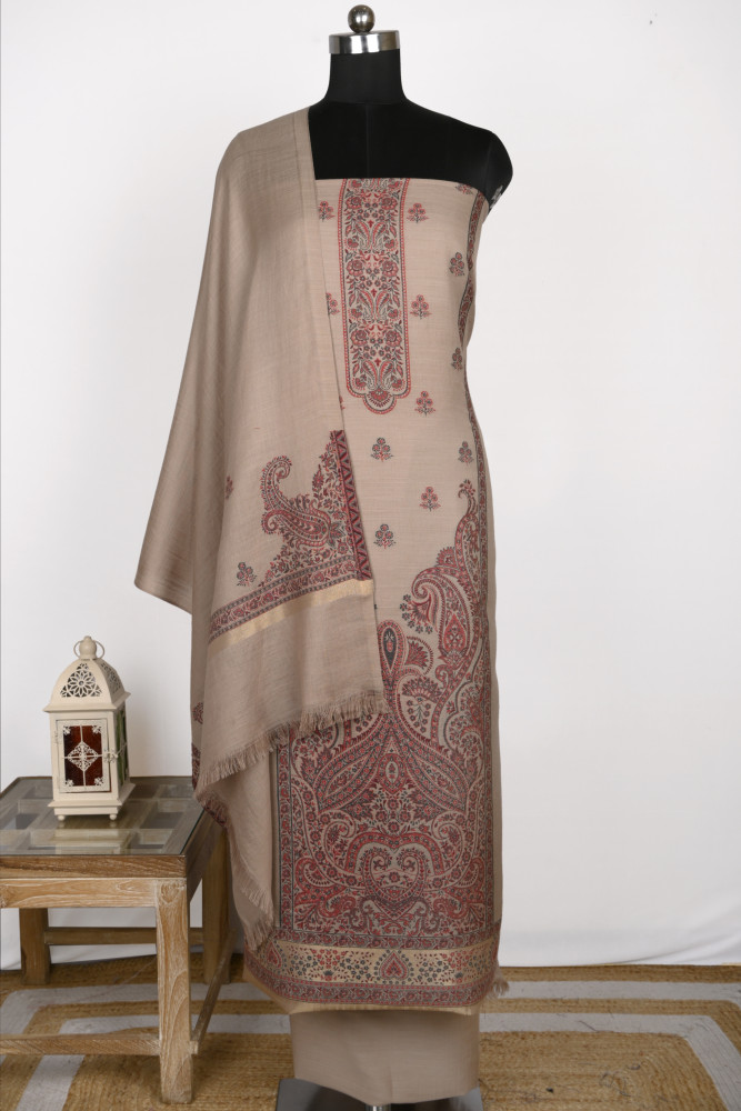 Image of Beige Pashmina Weaving Suit Set with Beautiful  Pashmina Dupatta - PASH1402A
