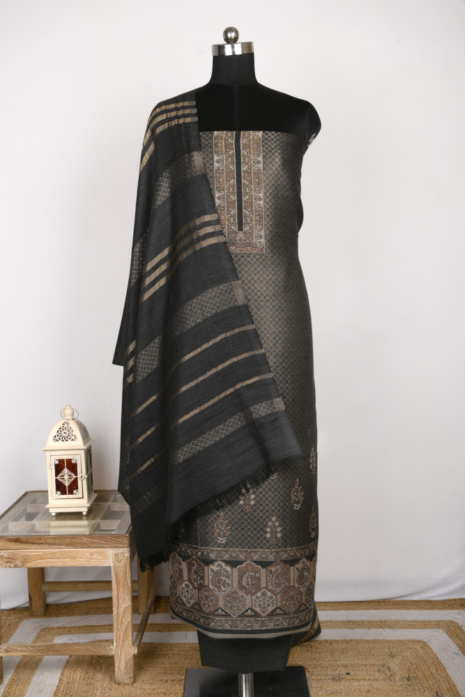 Image of Black Pashmina Suit set with Pashmina Dupatta - PASH1404