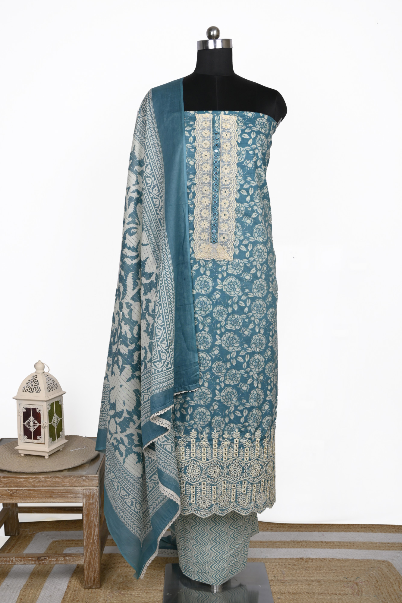 Blue cotton Suit Set with Beautiful Dupatta - 983-5191B