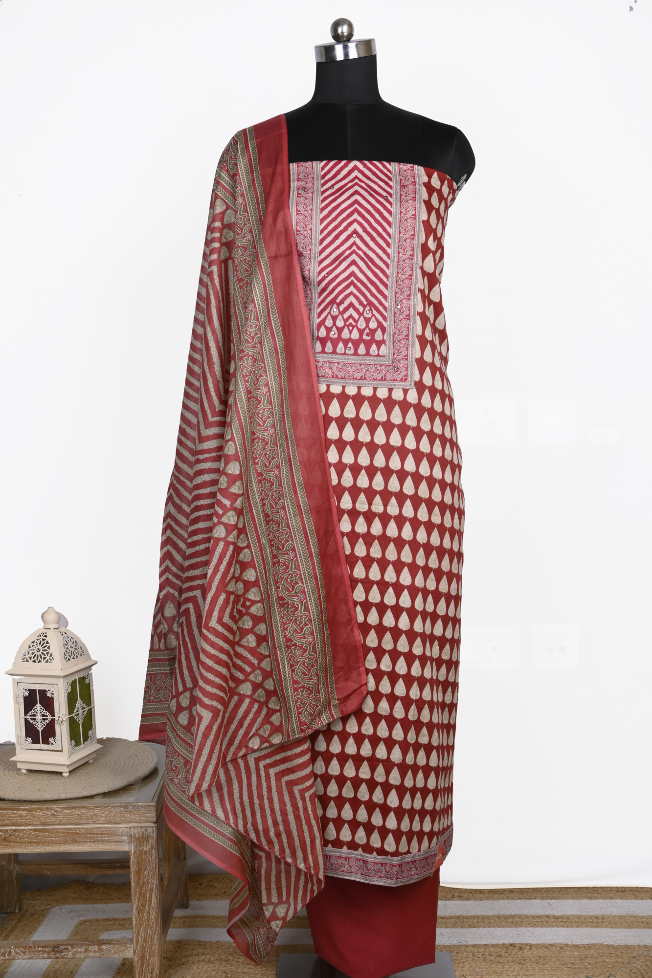 Maroon cotton Suit Set with Cotton Dupatta - 983-4984C