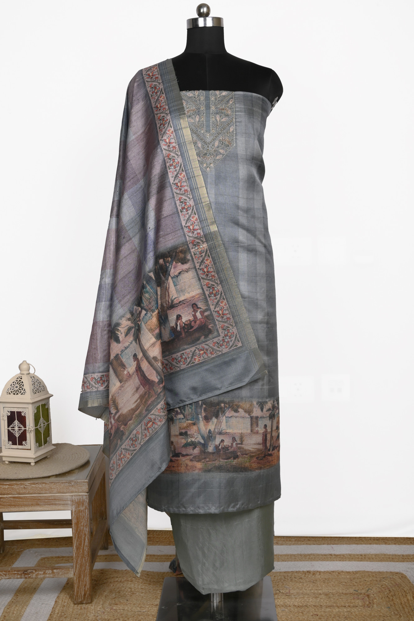 Grey Art Tussar Unstitch Suit with Dupatta - R157-SPR2454A