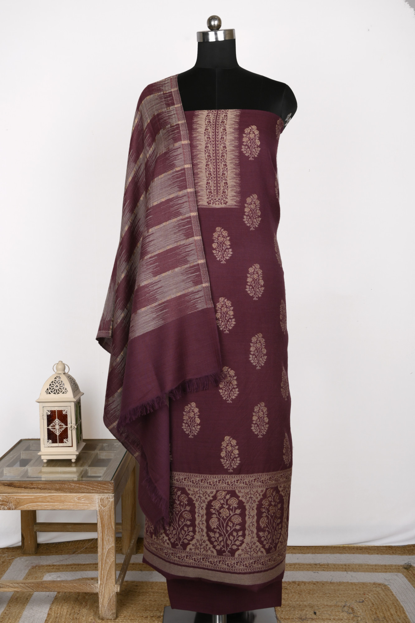 Wine Pashmina Weaving Suit Set with Beautiful Pashmina Dupatta - PASH1403B