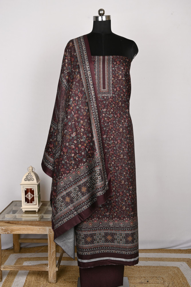 Image of Wine Spun Printed Suit Set with Spun Dupatta - 1000-70372B