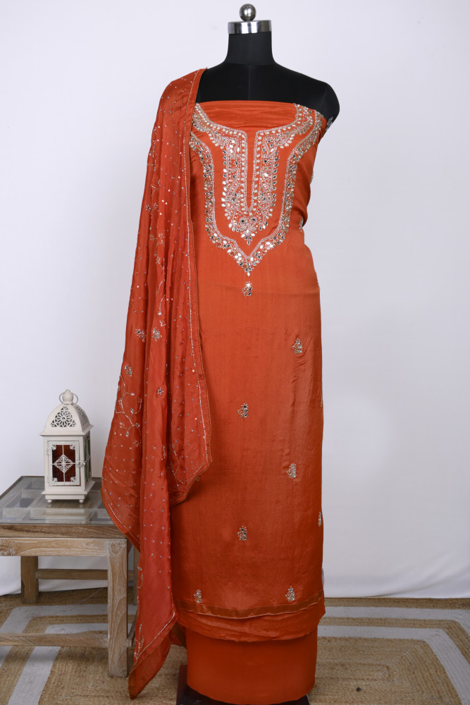 Image of Rust Chinon Suit set with Chinon dupatta - 131-RR3930A