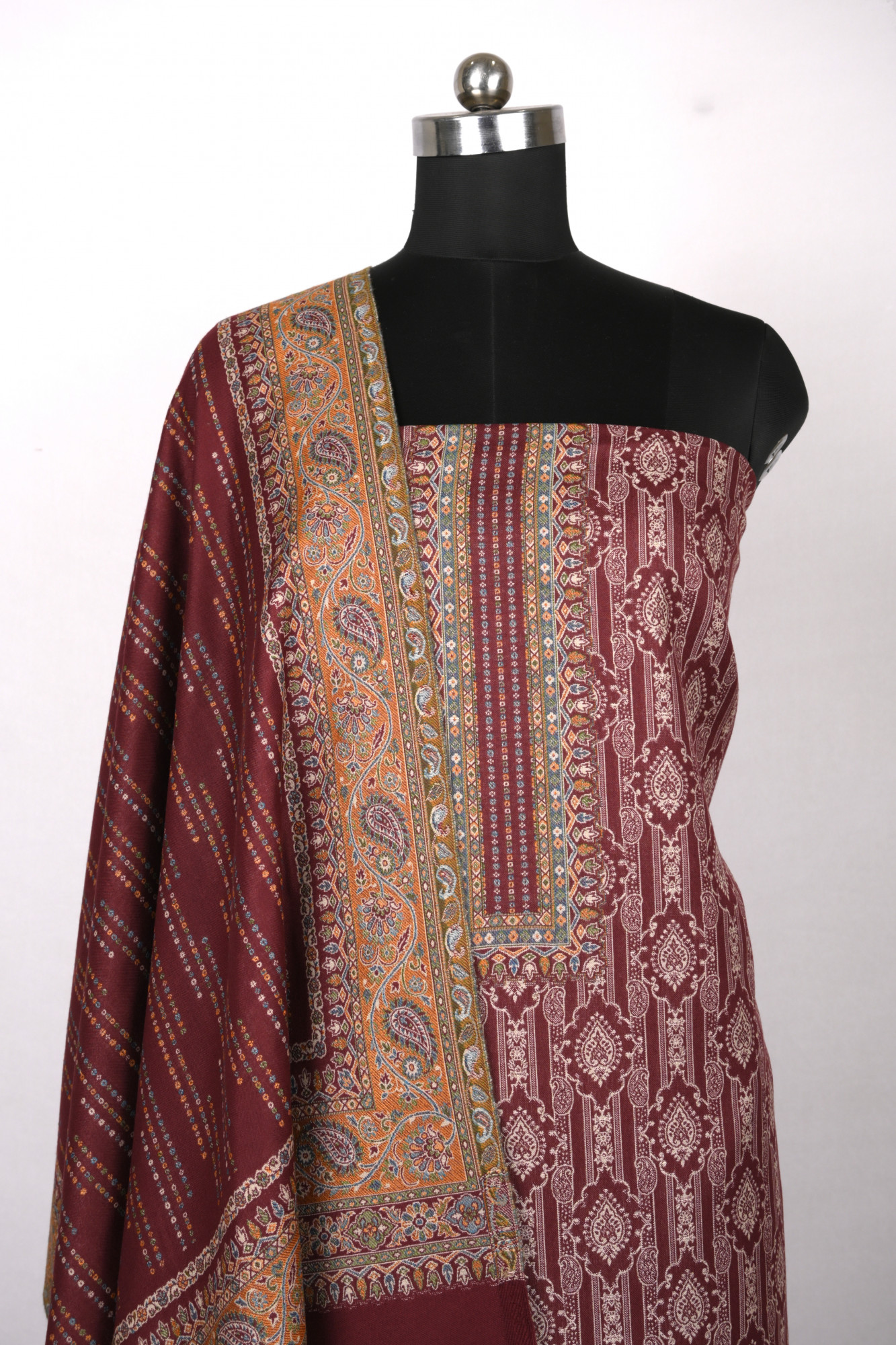 Wine Printed Pashmina Suit Set With Dupatta - 1000-0487