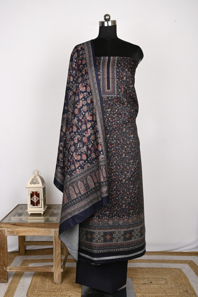 Image of Blue Spun Printed Suit Set with Spun Dupatta - 1000-70372