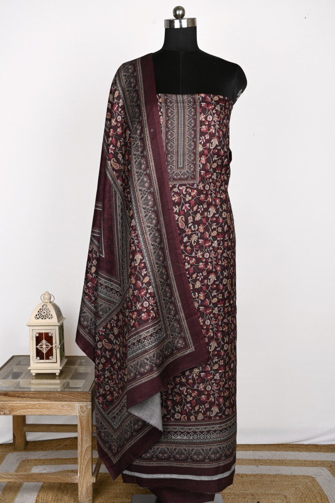 Image of Wine Spun Printed Suit Set with Spun Dupatta - 1000-70373B