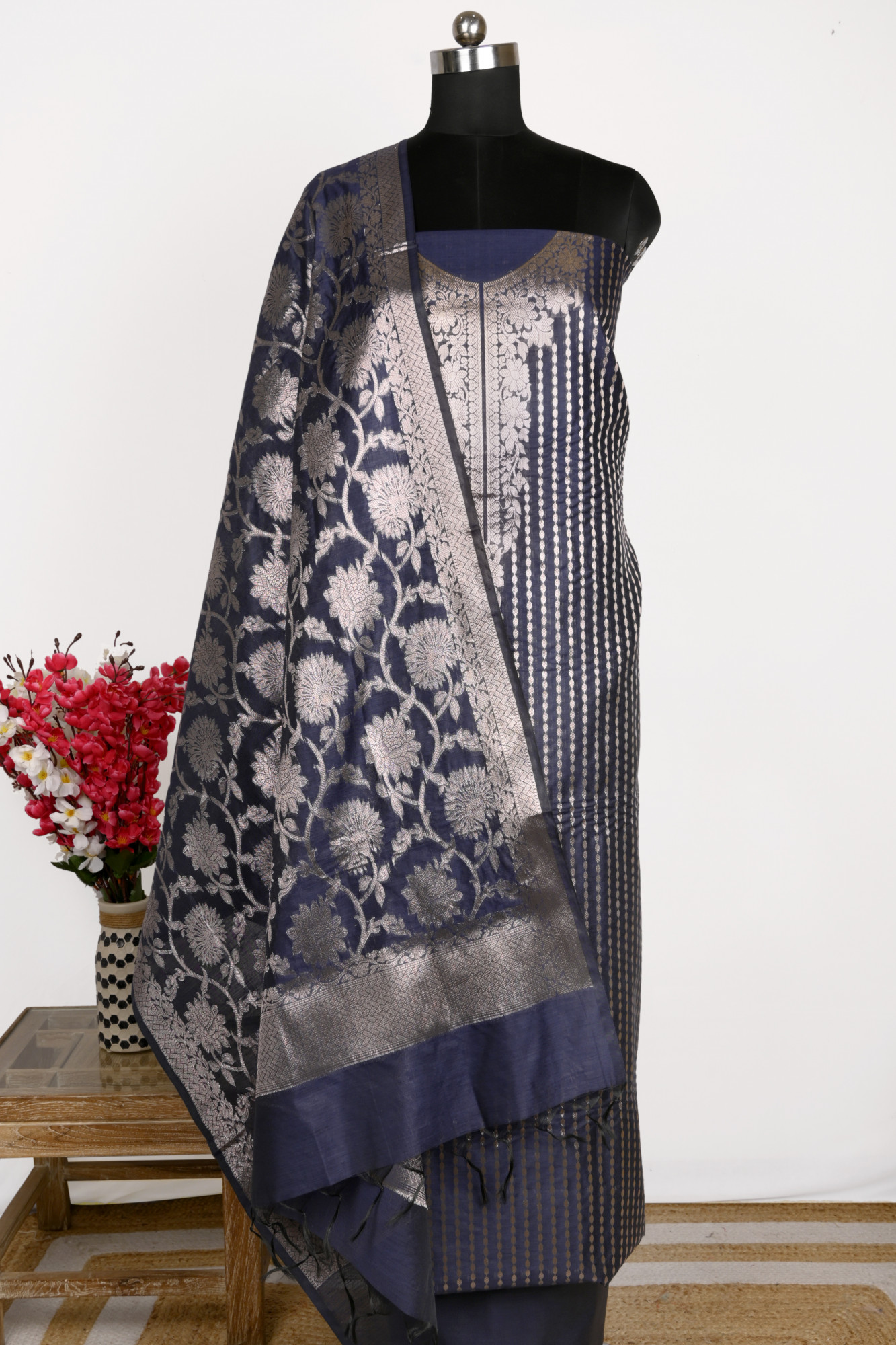Blue Chanderi silk Suit Set with Chanderi silk Dupatta - 1021-NMRNCK-1A