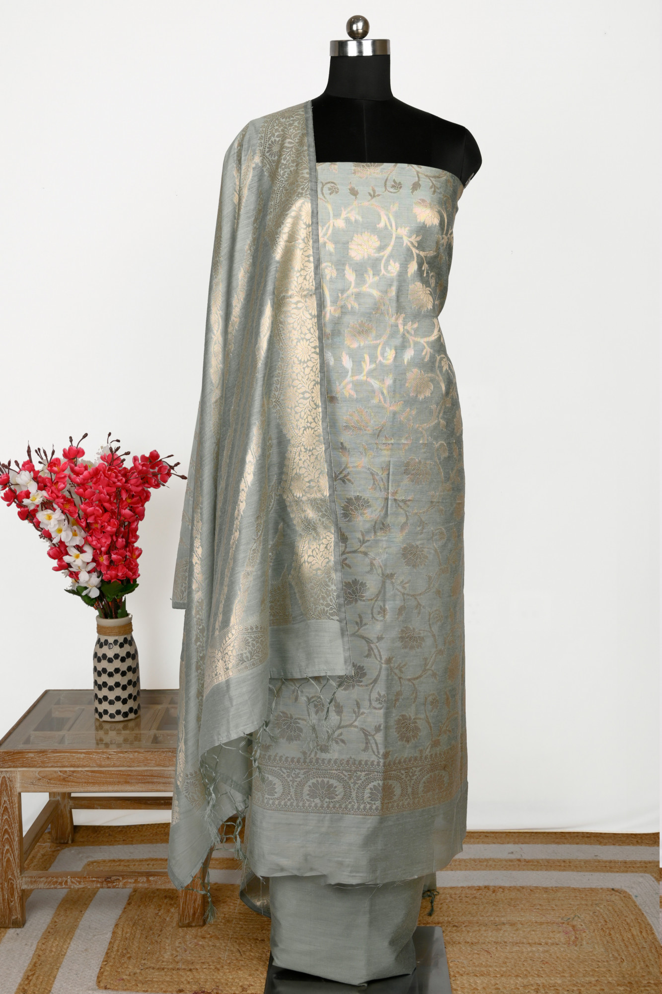 Sea Green Chanderi Silk Unstitch Suit Set with Dupatta - 1021-NMR2-7E