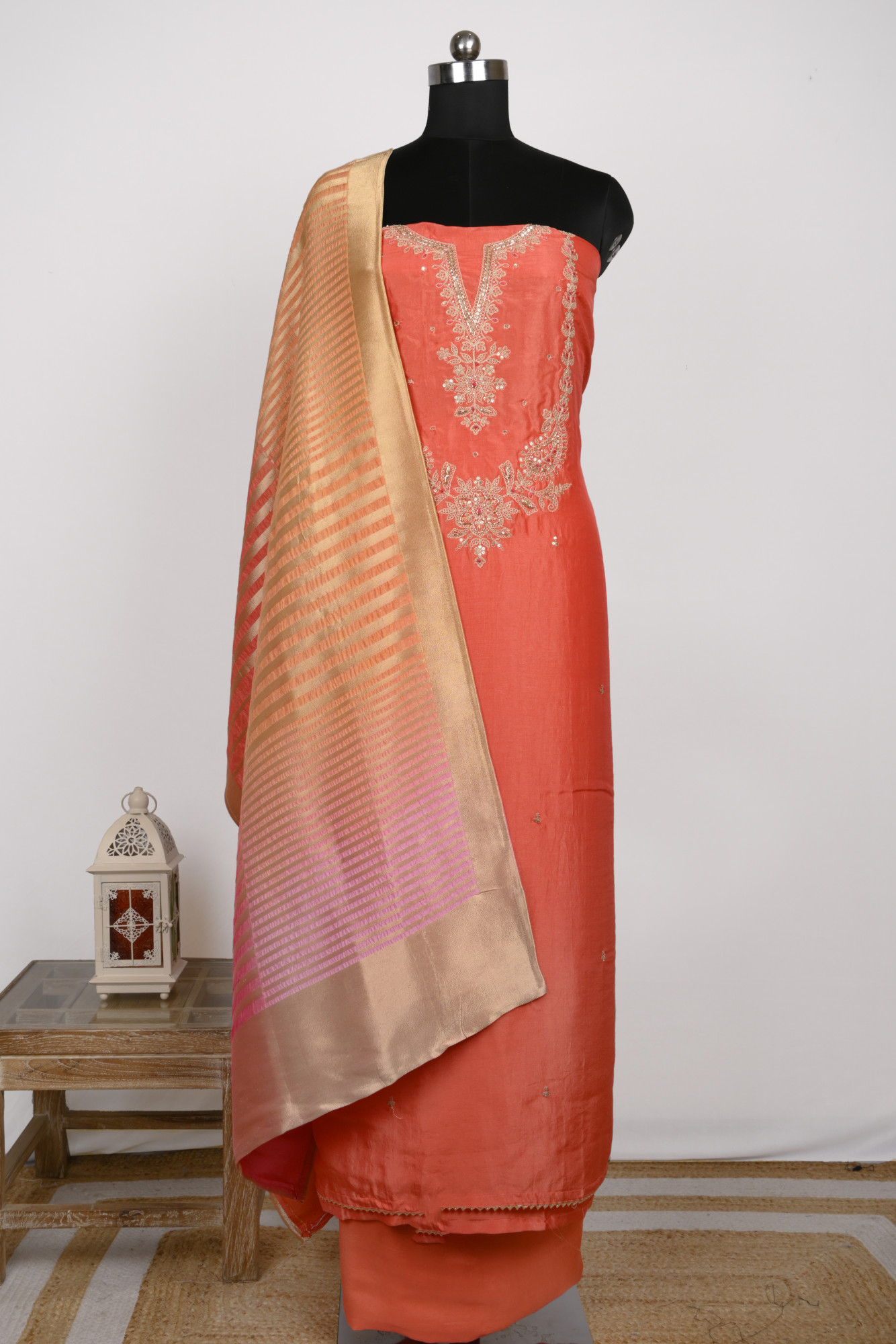 Orange Silk Suit Set with Silk Dupatta - 131-DLS7356A
