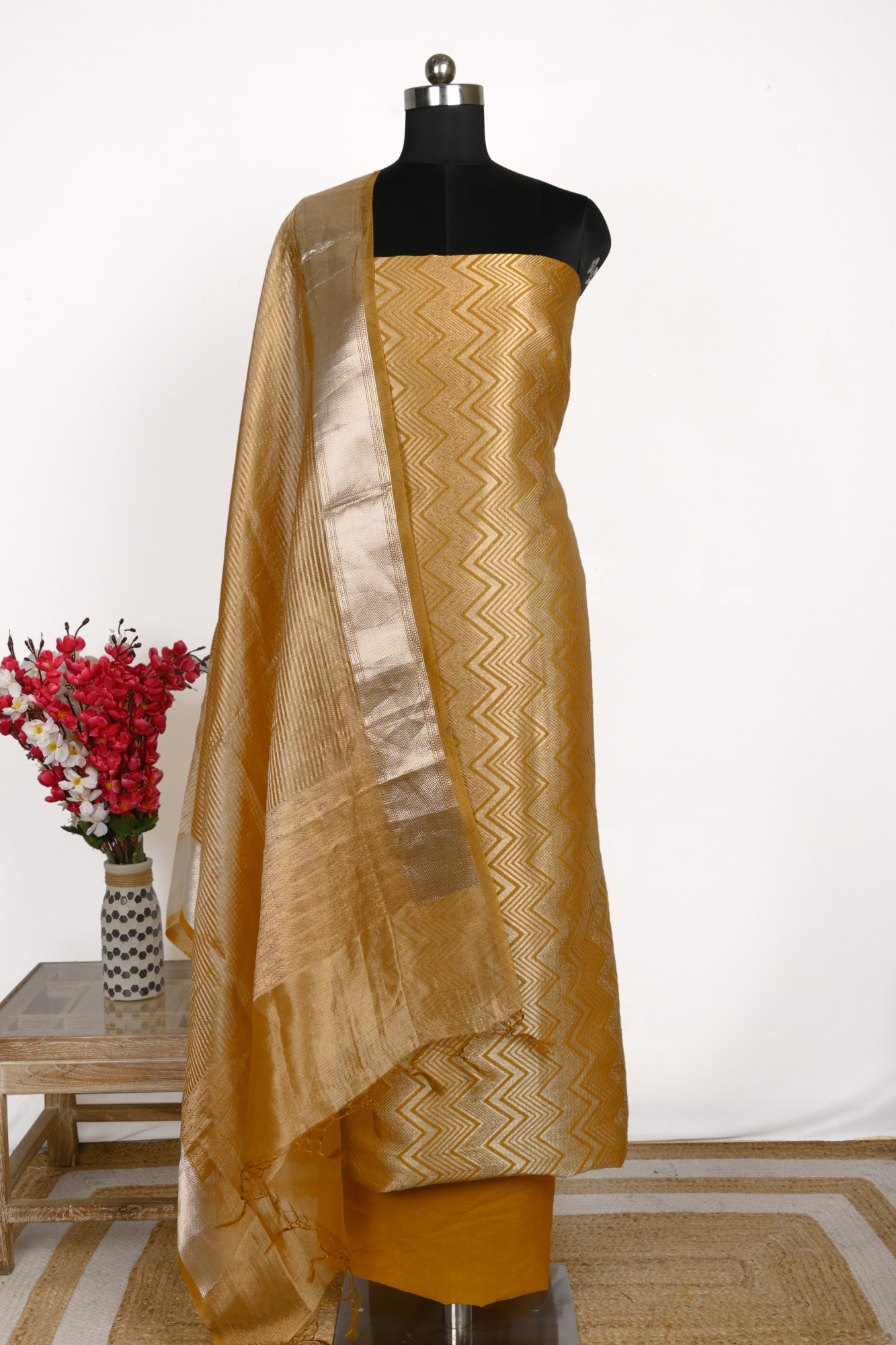 Mustard Brocade Suit Set with Chanderi brocade Dupatta - 933-11728C