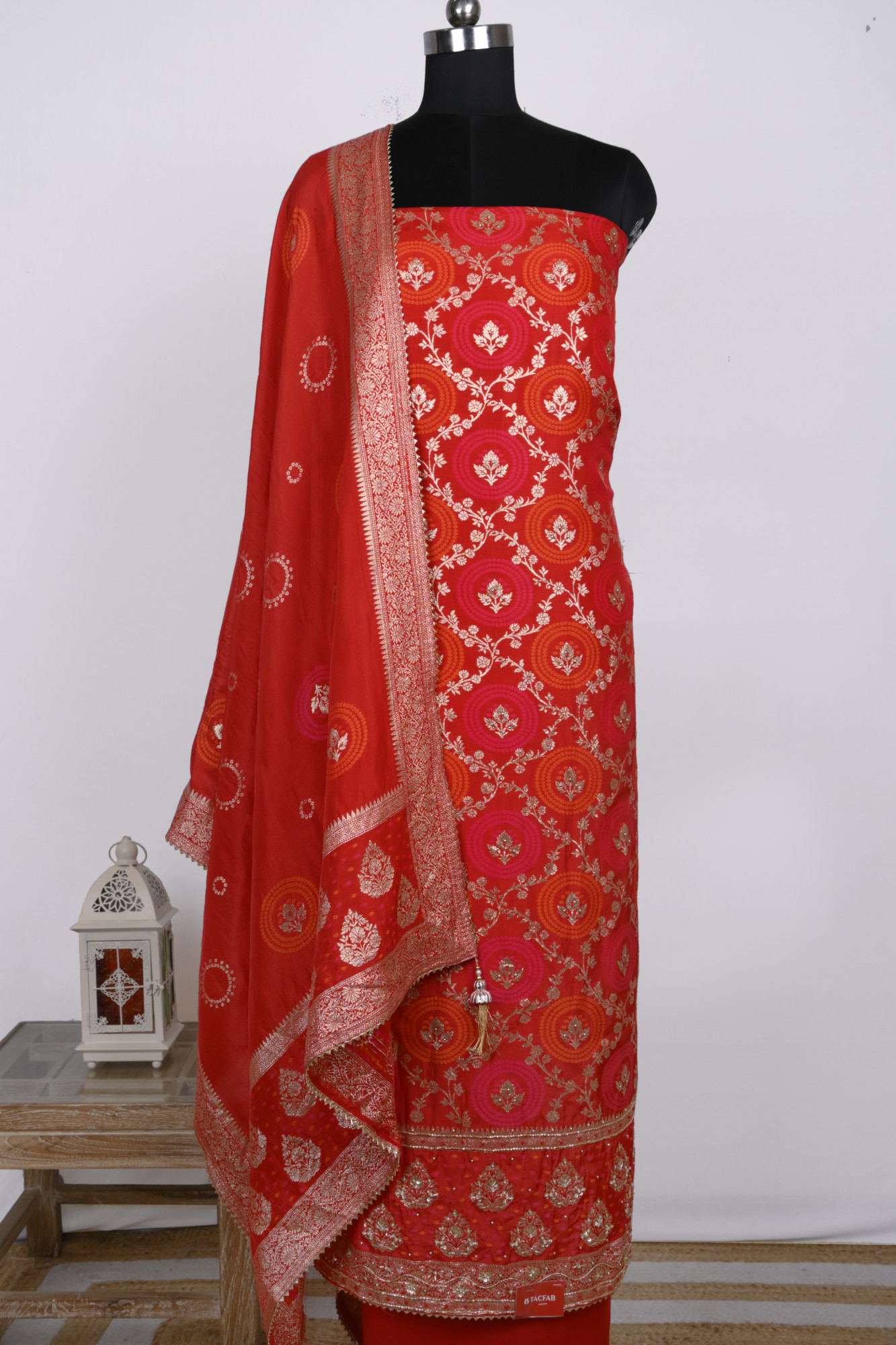 Red Chanderi silk Suit Set with Shimmer Dupatta - 639-PFJ4963