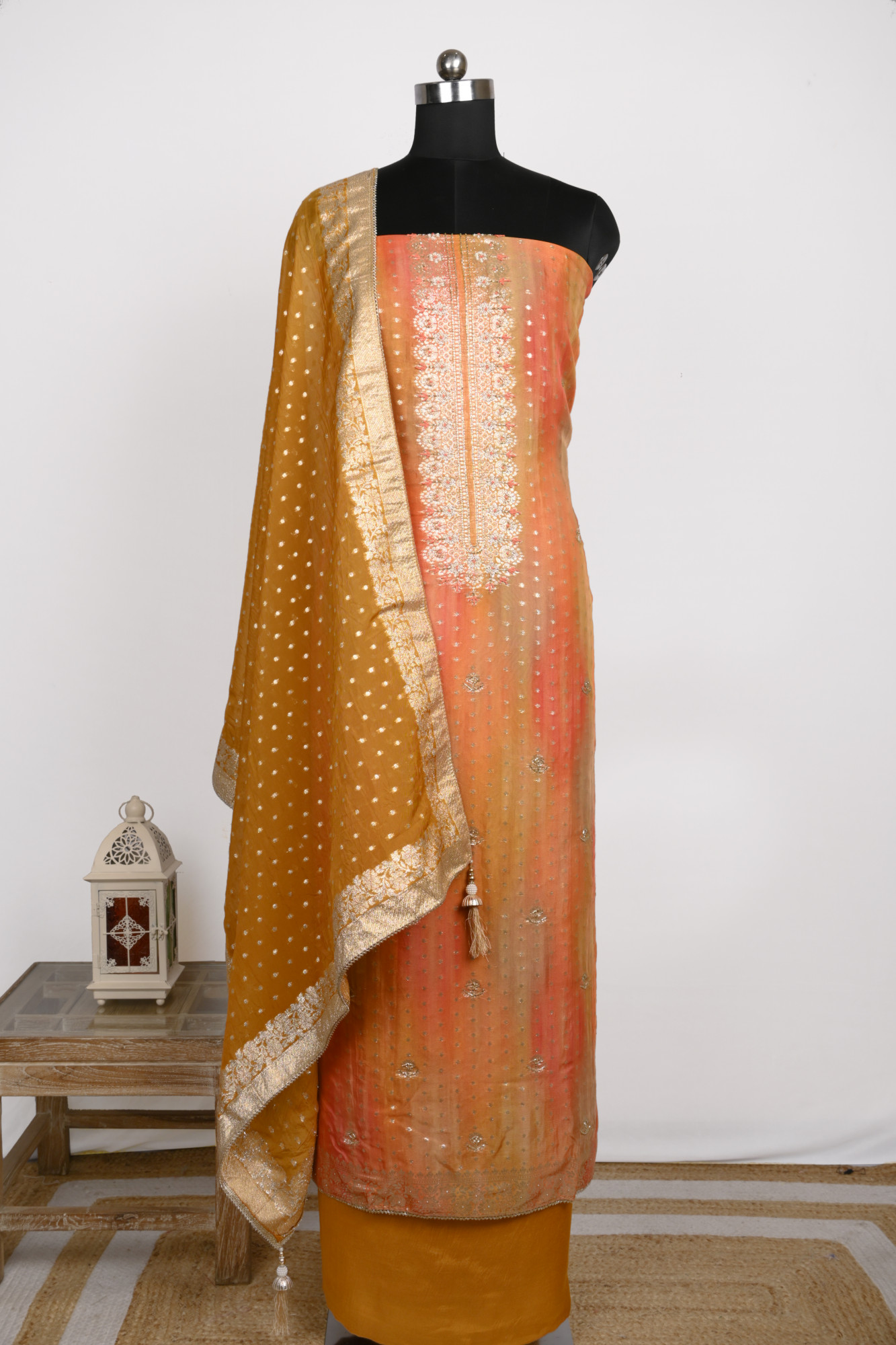 Orange Muslin Suit Set with Muslin Dupatta - 639-MFJ53225