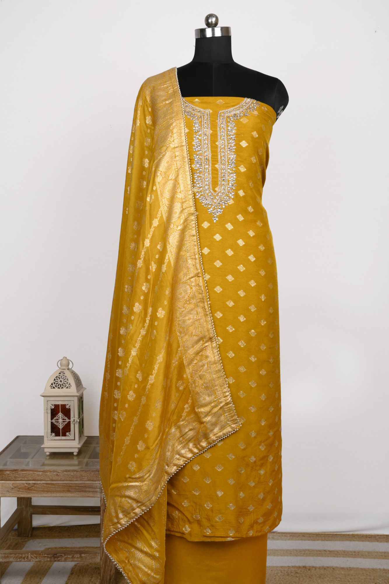 Yellow Muslin Suit Set with Chanderi Dupatta - 639-JFJ987