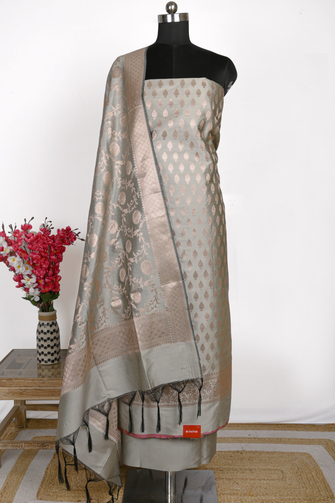 Grey Cotton Satin Suit Set with Beautiful Dupatta - 1021-JNF-6E