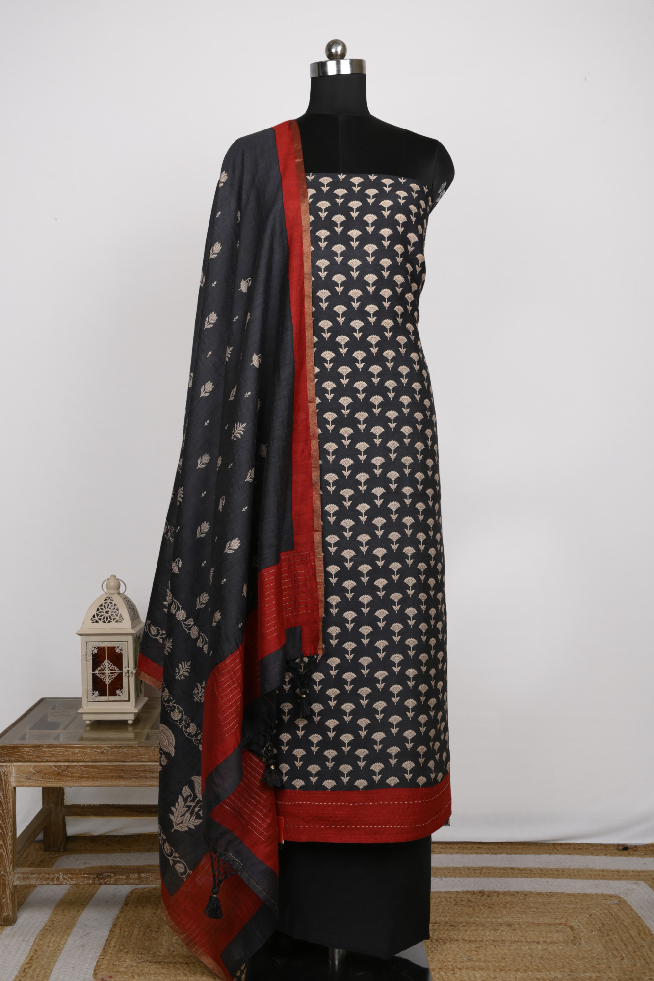 Black Pashmina Suit Set with Pashmina Dupatta - 799-15202-4B