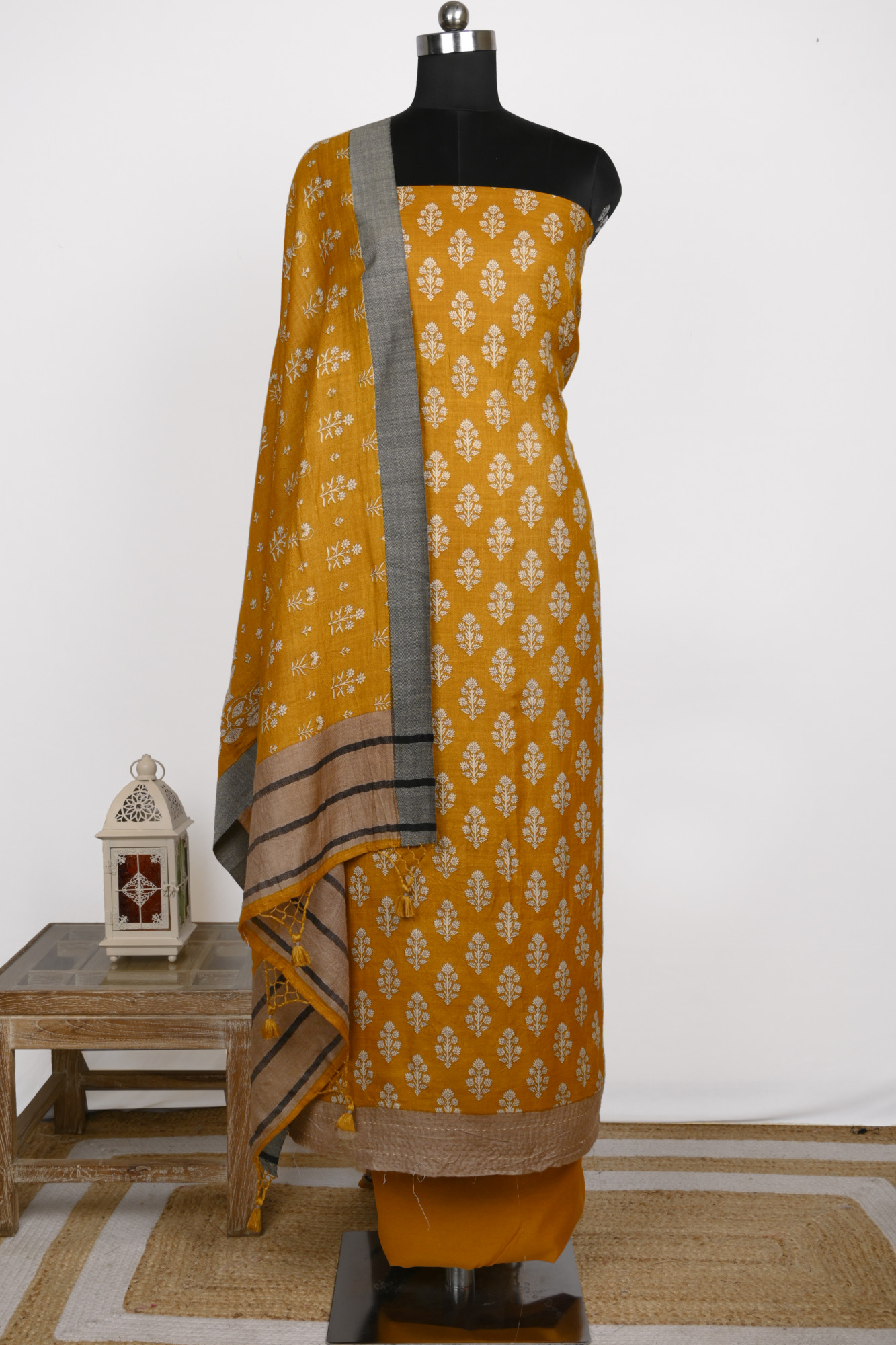 Mustard Pashmina Suit Set with Pashmina Dupatta - 799-16002-7A