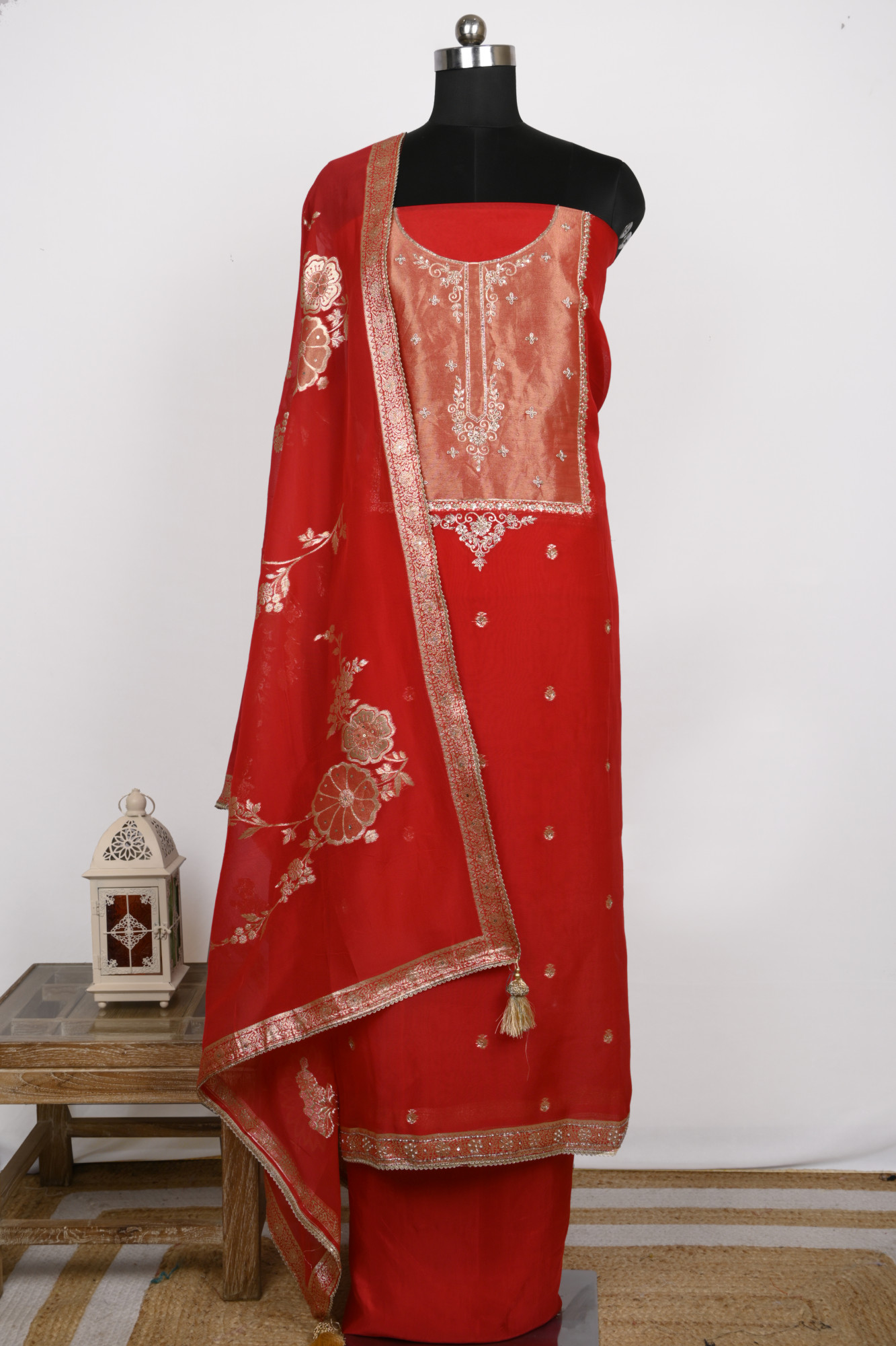 Red Organza Suit Set with Organza Dupatta - 131-GD633C