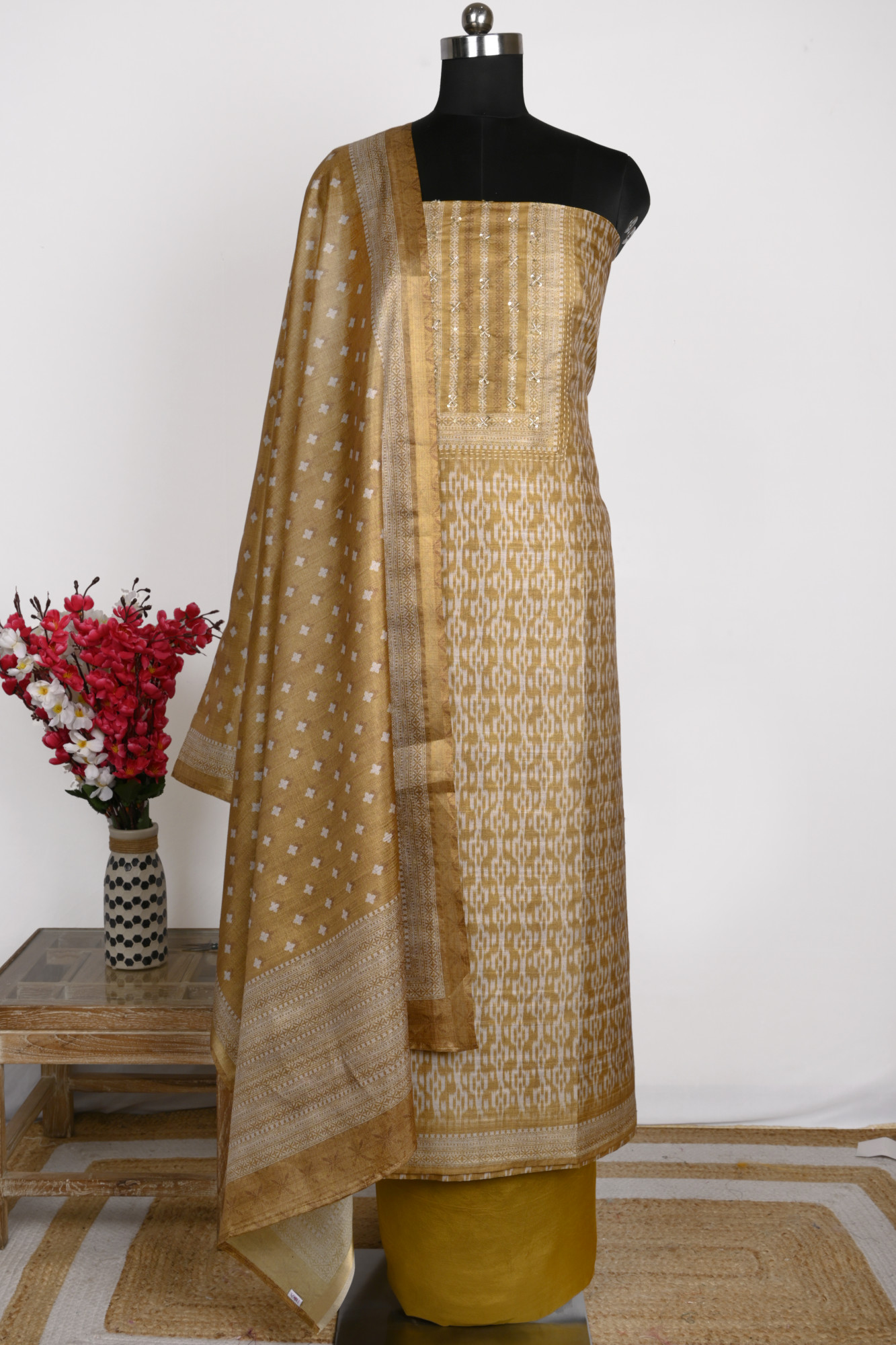 Mehndi Tassar silk Suit set with Tassar Dupatta - 220-9072A