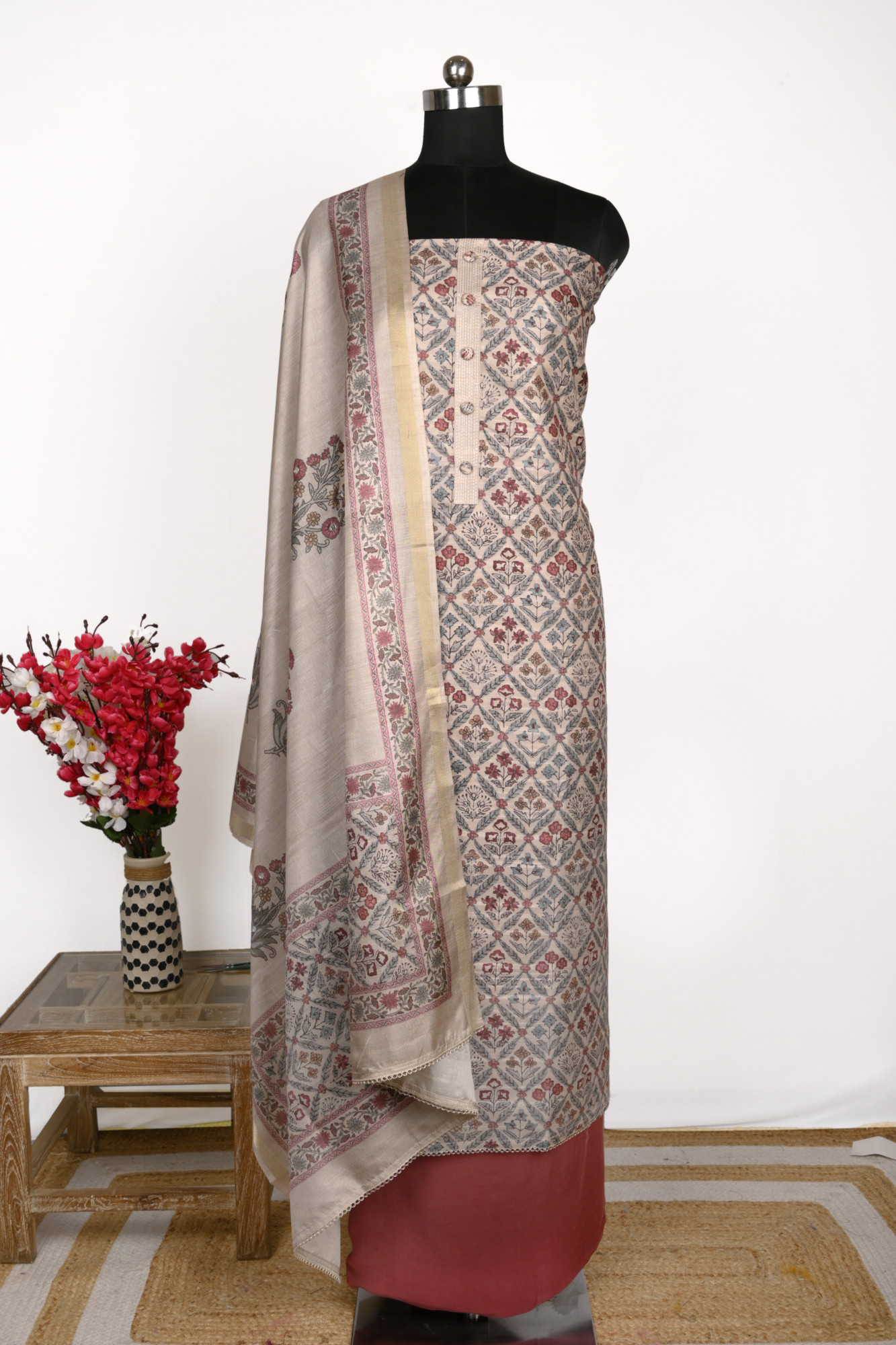 Beige Tussar silk Suit with Tussar silk Dupatta - 1019-398C