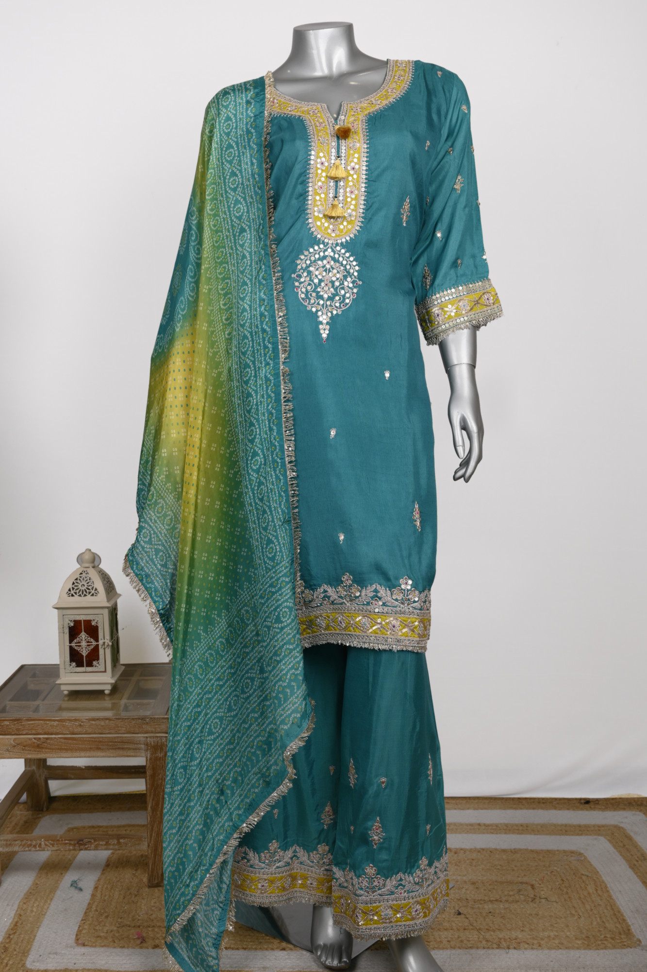 Firozi Satin Silk Stitched Suit Set with Dupatta - 1023-1001A