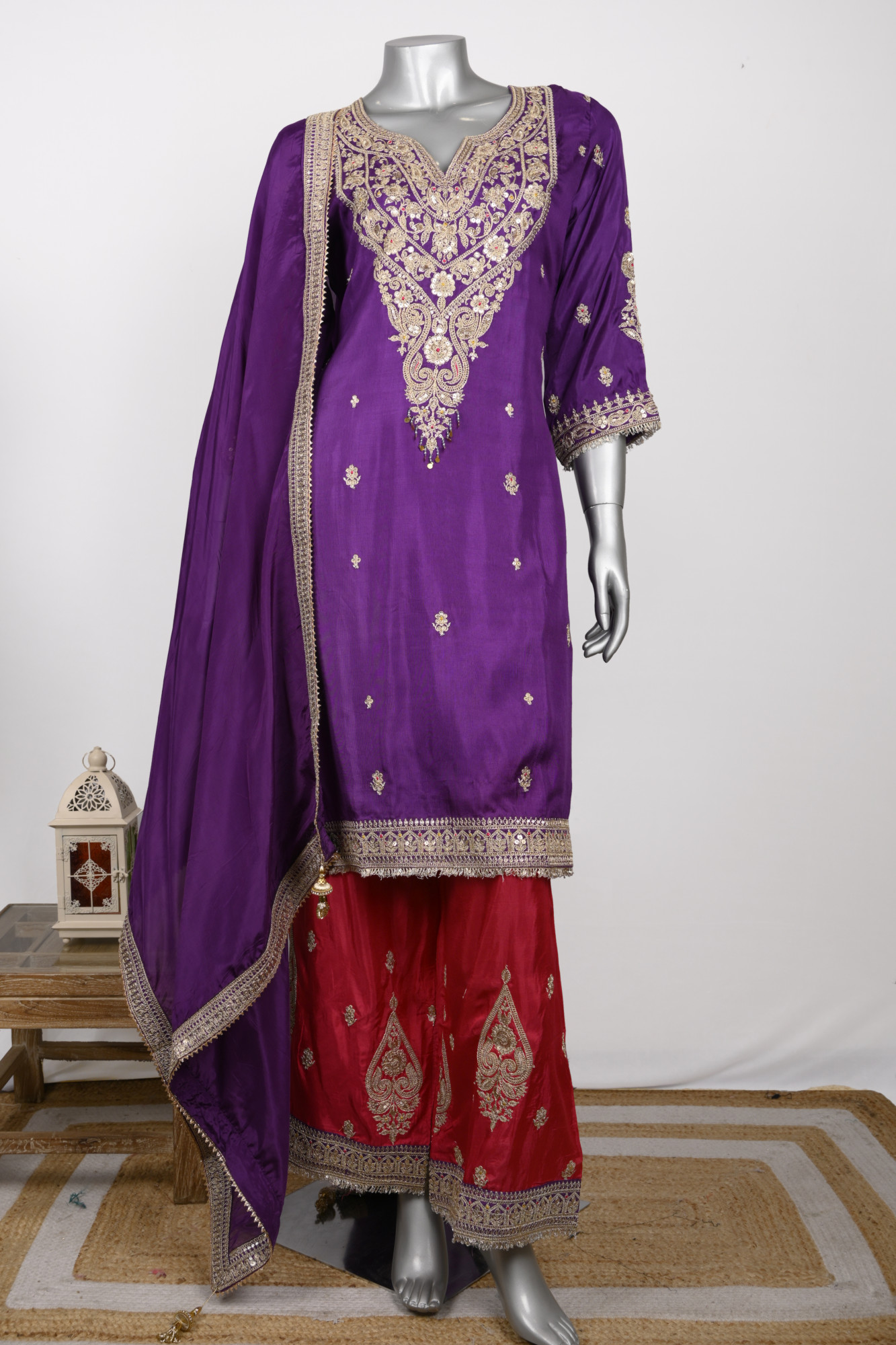 Purple Satin Stitched Suit Set with Dupatta - 1023-1008A