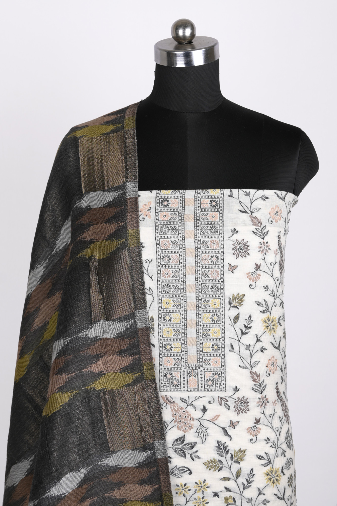 White Printed Pashmina Suit Set With Spun Dupatta - PASH1406B