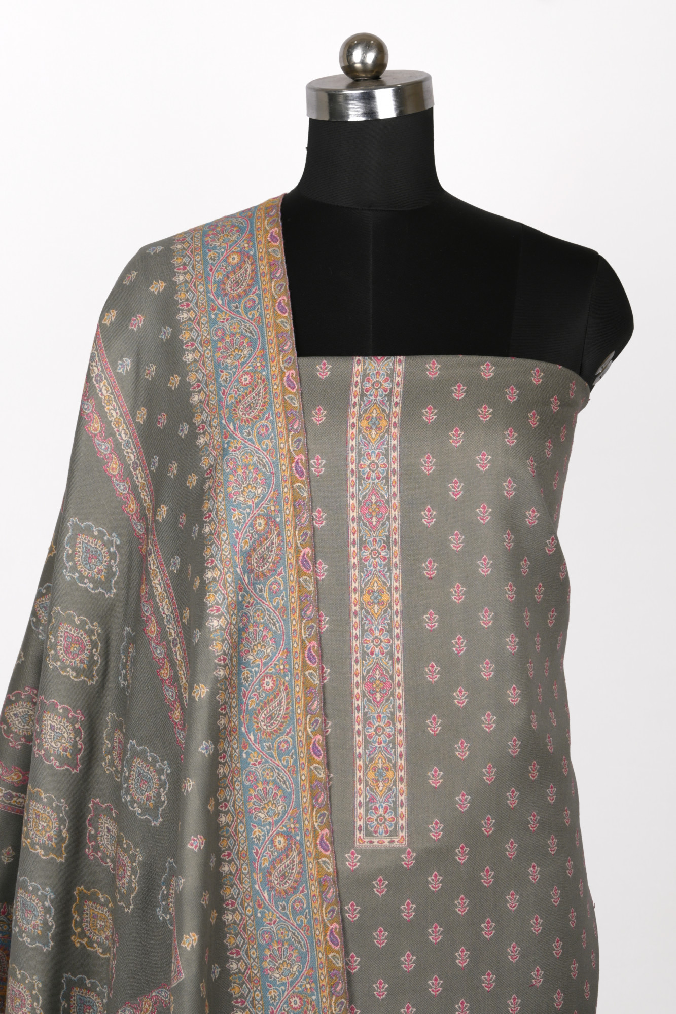 Grey Printed Pashmina Suit Set With Pashmina Dupatta - 1000-0488A