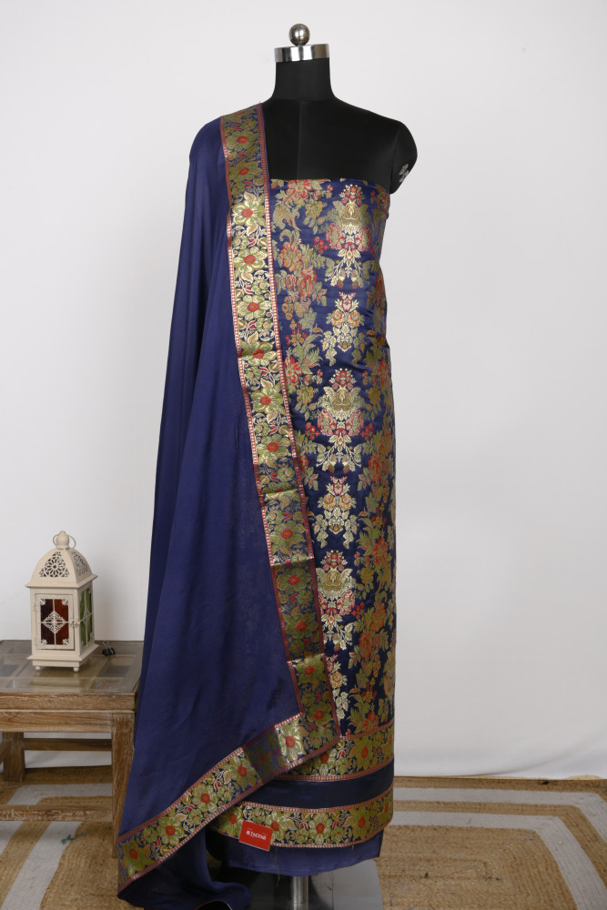 Image of Blue Banarsi Brocade Unstitch suit set with Dupatta - 1021-KIMKHAB-2E